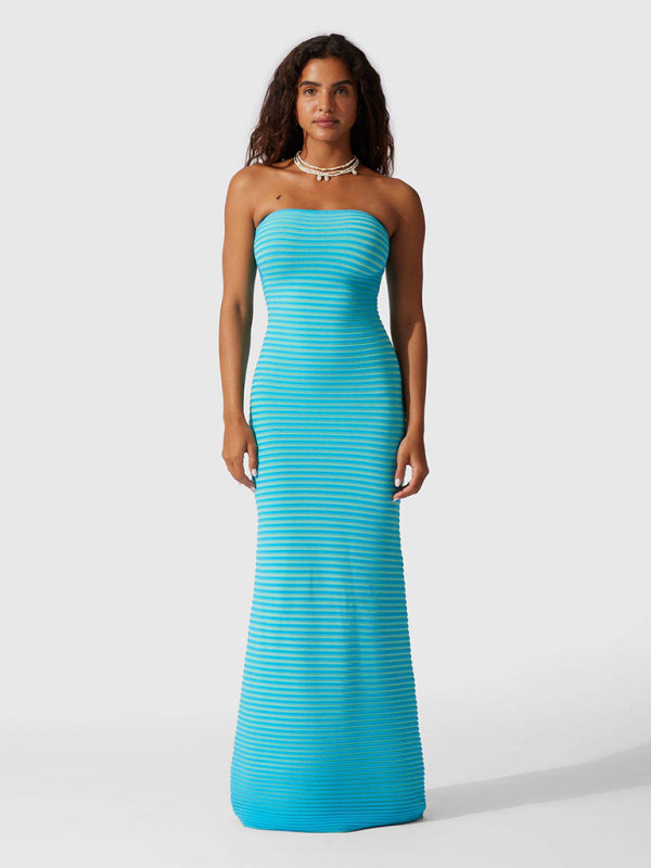 Knit Dresses- Stripe Knitted Tube Semi Mermaid Maxi Dress- - Pekosa Women Clothing