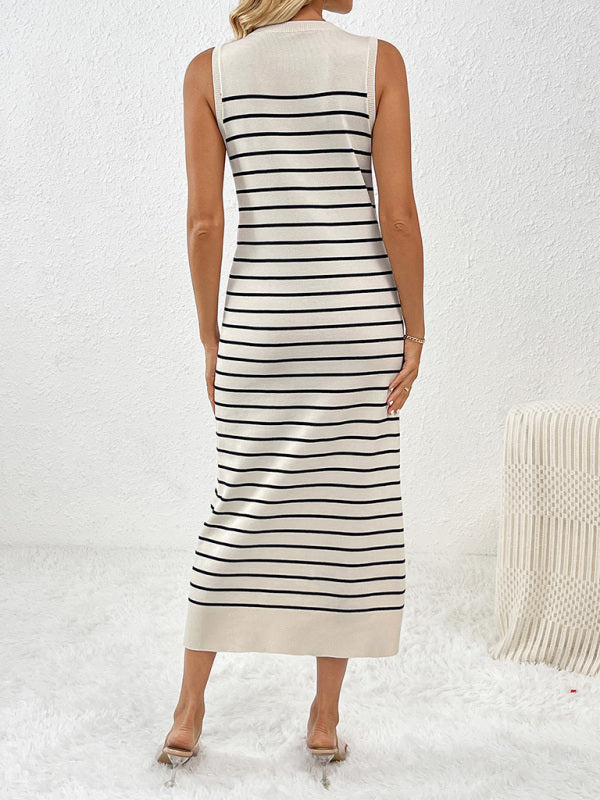 Knit Dresses- Summer Sleeveless Striped Knitted Midi Dress- - Pekosa Women Fashion