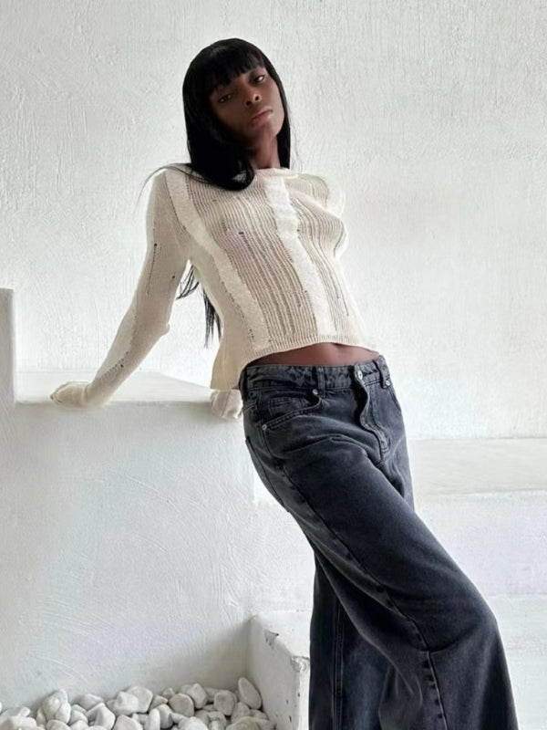 Knit Sweater- Trendy Autumn Distressed See-Through Knit Sweater- - Pekosa Women Clothing