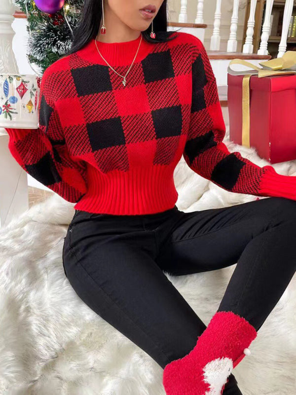 Knit Sweaters- Festive Cropped Plaid Knit Sweater- - Pekosa Women Clothing