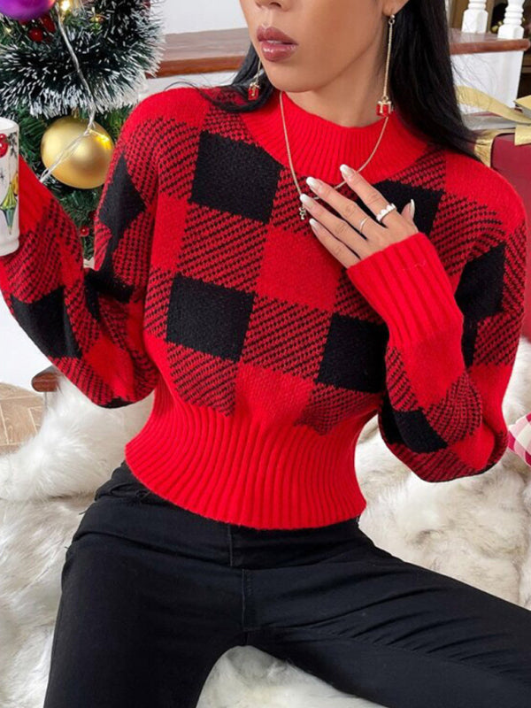 Knit Sweaters- Festive Cropped Plaid Knit Sweater- - Pekosa Women Clothing
