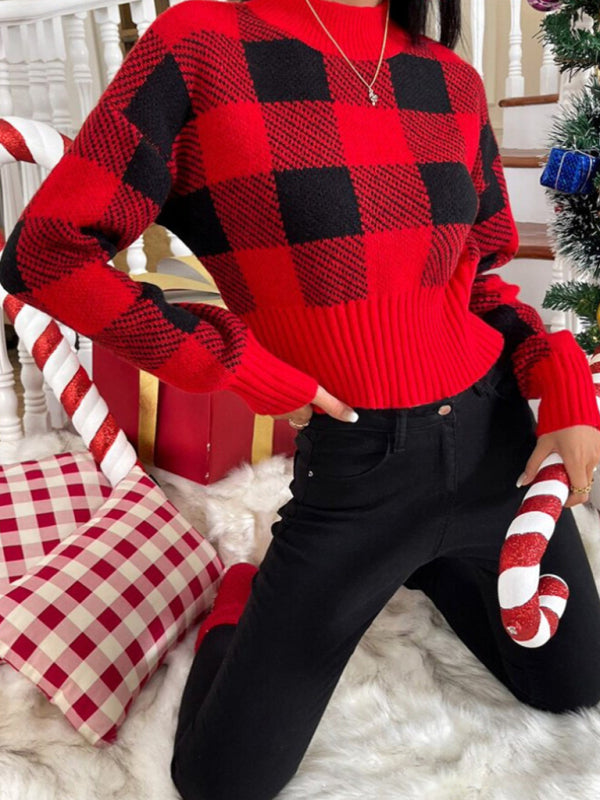 Knit Sweaters- Festive Cropped Plaid Knit Sweater- - Pekosa Women Clothing