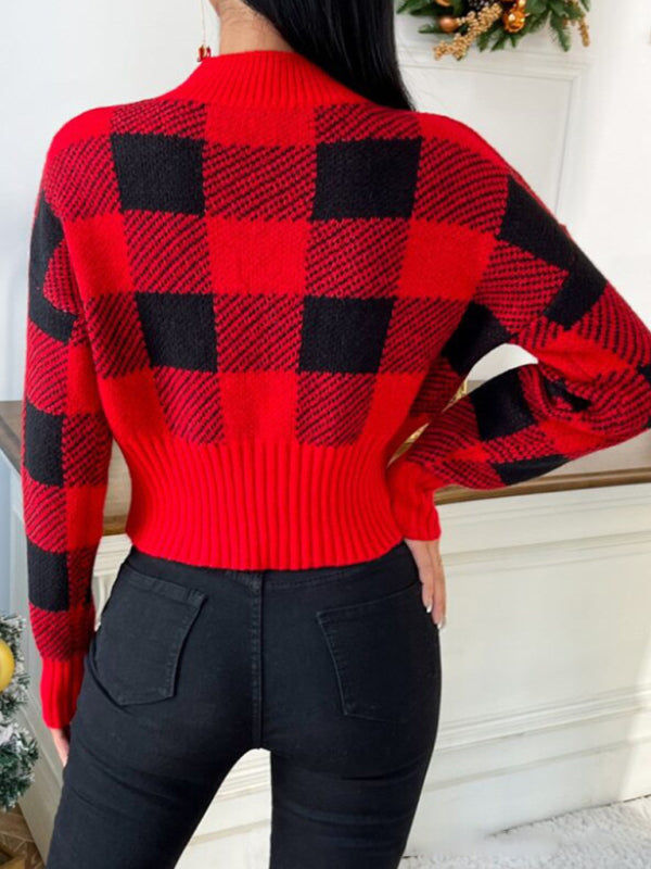 Knit Sweaters- Festive Cropped Plaid Knit Sweater- - Pekosa Women Clothing