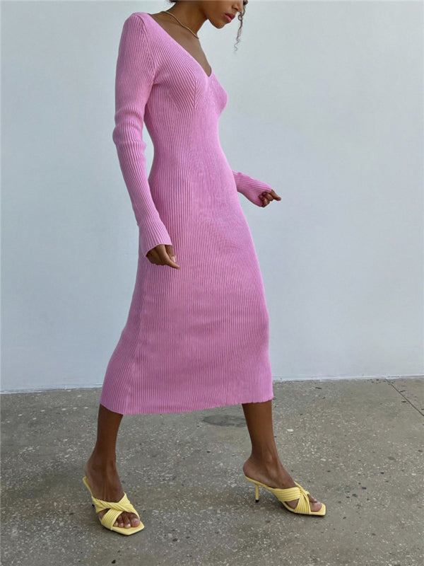 Knitted Dresses- Sleek Ribbed Bodycon Dress with Sheath Silhouette & Chic V Open Back- - Pekosa Women Clothing