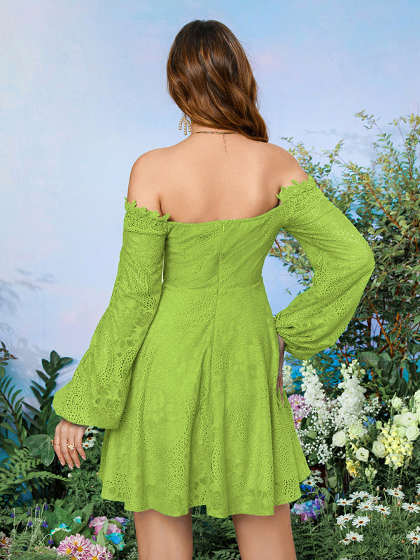 Lace Dresses- Elegant Off-Shoulder Long Sleeve Fit & Flare Dress in Guipure Lace- - Pekosa Women Clothing