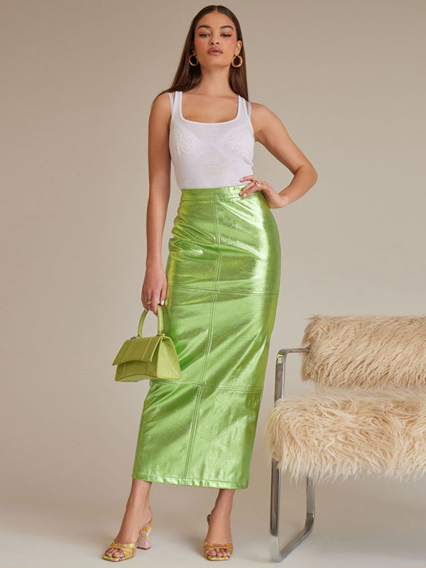 Leather Skirt- Sparkly Faux Leather Pencil Slit Maxi Skirt- - Pekosa Women Clothing