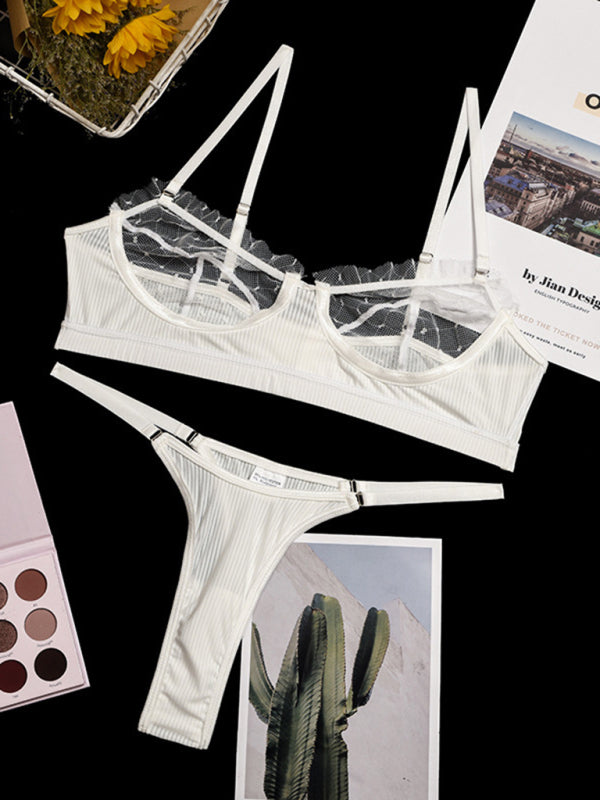 Lingerie- Lace Frill Lingerie See-Through Bra & G-String Panty- - Pekosa Women Clothing