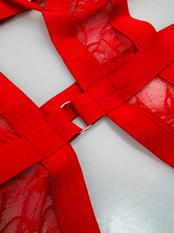 Lingerie- One-Piece Lingerie | Elegant See-Through Lace Teddy with Garters Belt- - Pekosa Women Clothing