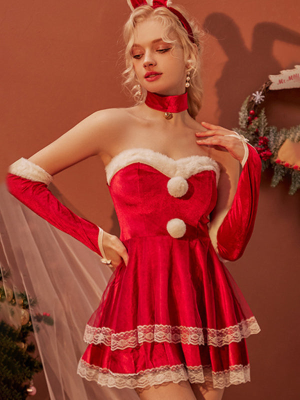 Lingerie Set- Santa's Secret: 6-Piece Velvet Dress Set Christmas Outfit- - Pekosa Women Clothing
