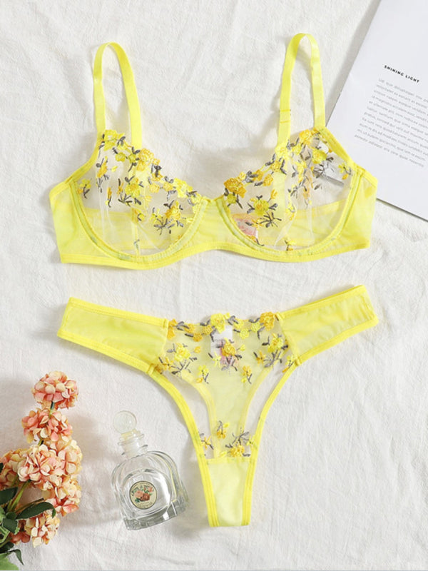 Lingerie Set- Sheer Embroidered Lace Bra and Thong Set for Intimate Love Celebrations- Yellow- Pekosa Women Clothing