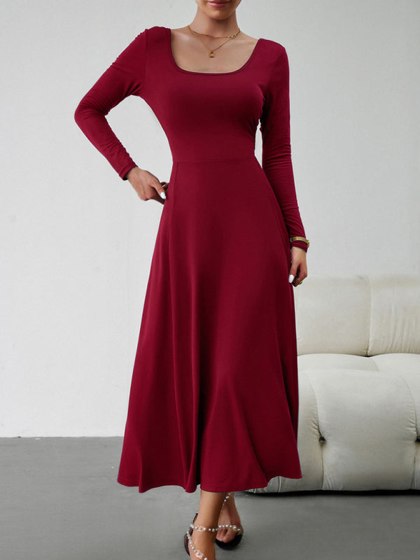 Long Dresses- Elegant Fall-Winter A-Line Maxi Dress with Lace-Up Waist- Wine Red- Pekosa Women Clothing