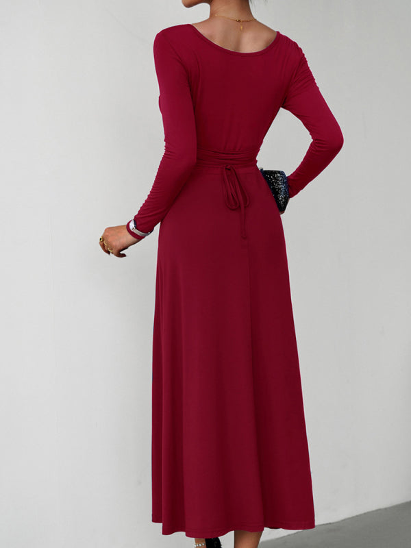 Long Dresses- Elegant Fall-Winter A-Line Maxi Dress with Lace-Up Waist- - Pekosa Women Clothing