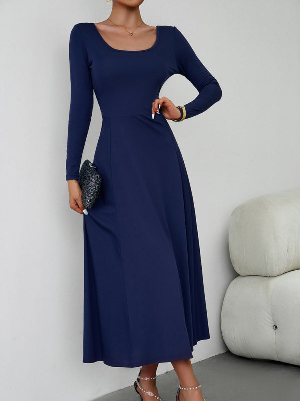 Long Dresses- Elegant Fall-Winter A-Line Maxi Dress with Lace-Up Waist- - Pekosa Women Clothing