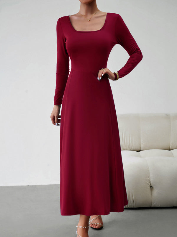 Long Dresses- Elegant Fall-Winter A-Line Maxi Dress with Lace-Up Waist- - Pekosa Women Clothing