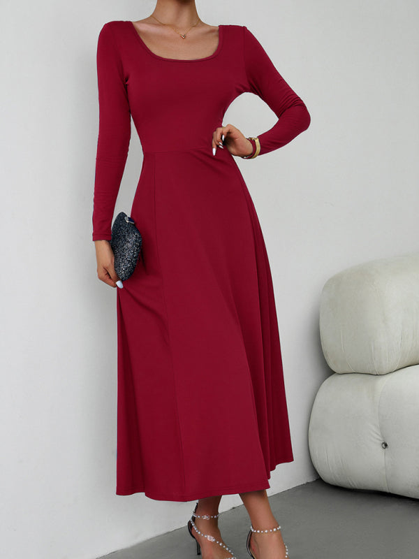 Long Dresses- Elegant Fall-Winter A-Line Maxi Dress with Lace-Up Waist- - Pekosa Women Clothing
