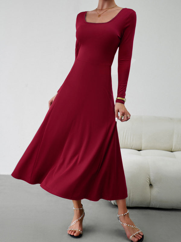 Long Dresses- Elegant Fall-Winter A-Line Maxi Dress with Lace-Up Waist- - Pekosa Women Clothing