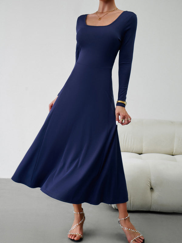 Long Dresses- Elegant Fall-Winter A-Line Maxi Dress with Lace-Up Waist- - Pekosa Women Clothing