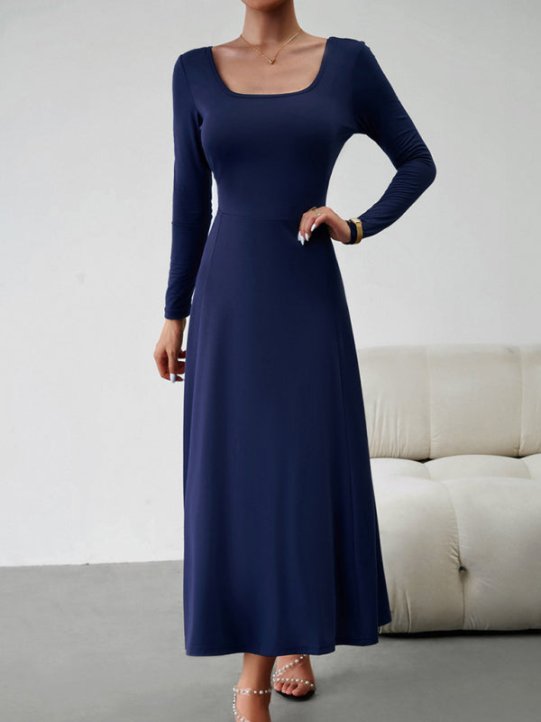 Long Dresses- Elegant Fall-Winter A-Line Maxi Dress with Lace-Up Waist- - Pekosa Women Clothing