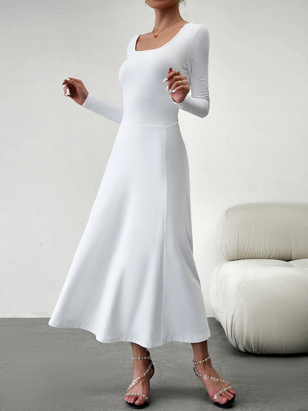 Long Dresses- Elegant Fall-Winter A-Line Maxi Dress with Lace-Up Waist- - Pekosa Women Clothing