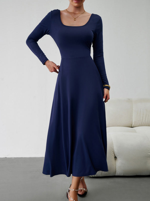 Long Dresses- Elegant Fall-Winter A-Line Maxi Dress with Lace-Up Waist- Royal blue- Pekosa Women Clothing