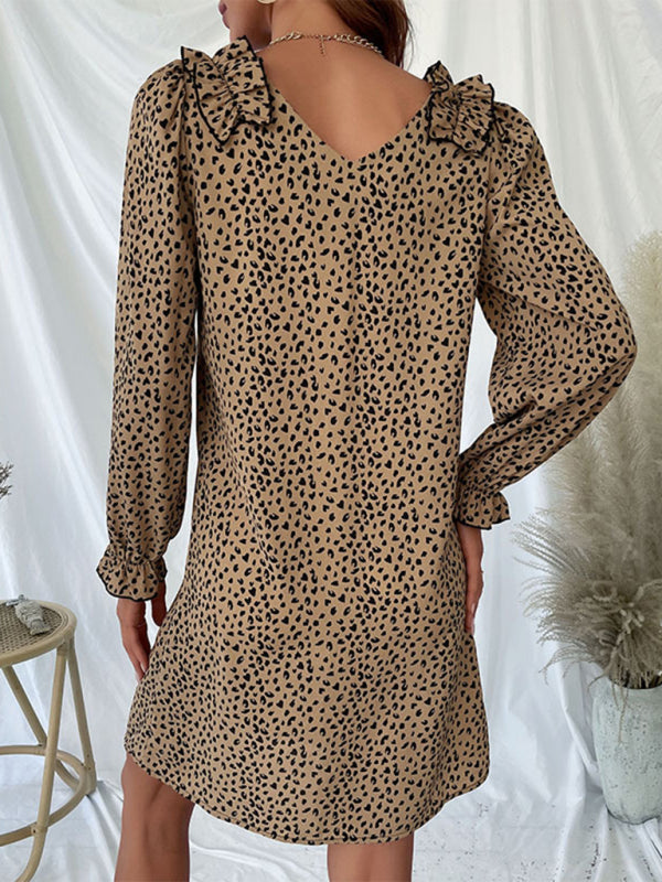 Loose Dresses- Leopard Print V Neck Long Sleeve Tunic Dress- - Pekosa Women Clothing