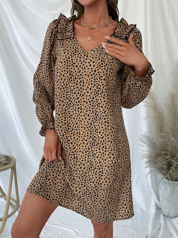 Loose Dresses- Leopard Print V Neck Long Sleeve Tunic Dress- - Pekosa Women Clothing