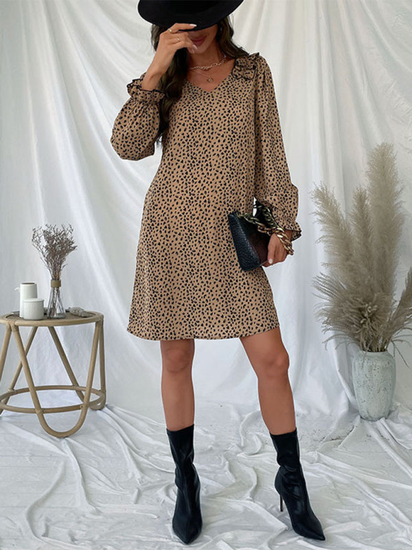 Loose Dresses- Leopard Print V Neck Long Sleeve Tunic Dress- - Pekosa Women Clothing