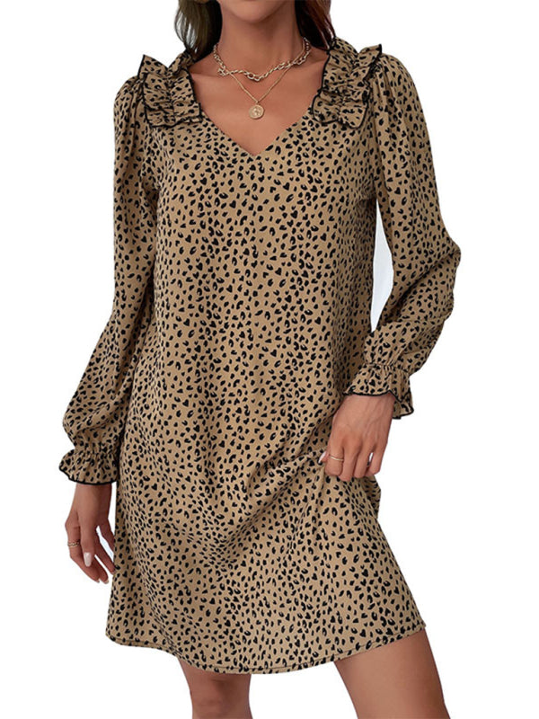 Loose Dresses- Leopard Print V Neck Long Sleeve Tunic Dress- - Pekosa Women Clothing