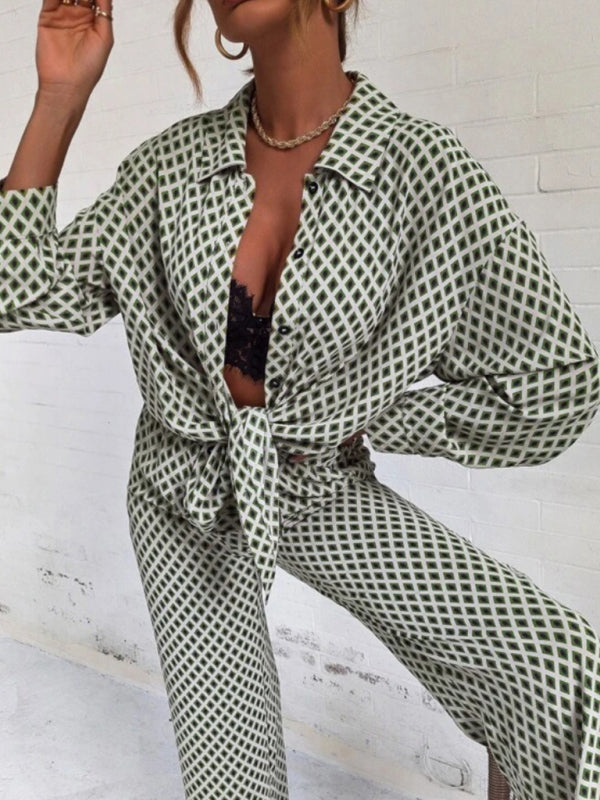 Loungewear- 2 Piece Loungewear Set in Zebra Print - Shirt & Pants- Green- Pekosa Women Clothing