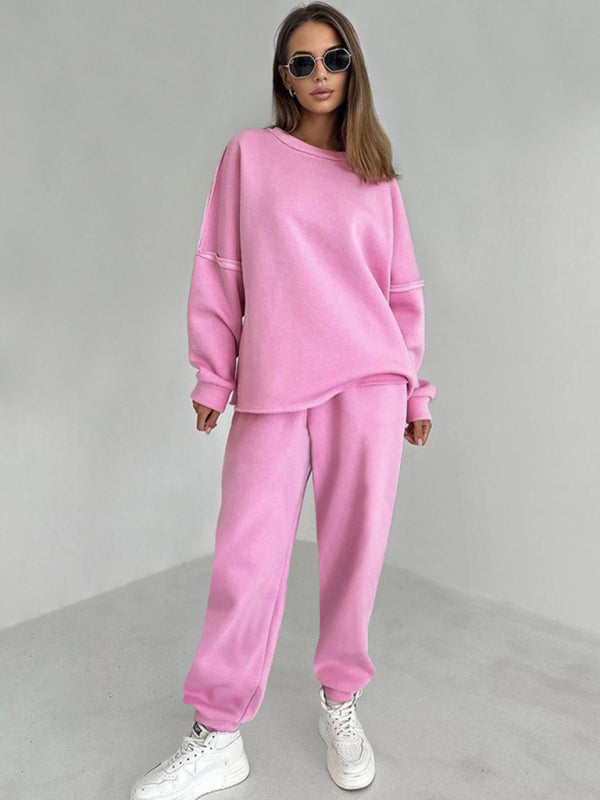 Loungewear- Patchwork Loungewear 2-Piece - Sweatpants & Relaxed Sweatshirt- Pink- Pekosa Women Clothing