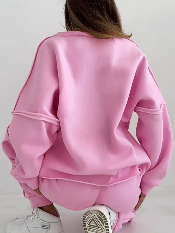 Loungewear- Patchwork Loungewear 2-Piece - Sweatpants & Relaxed Sweatshirt- - Pekosa Women Clothing