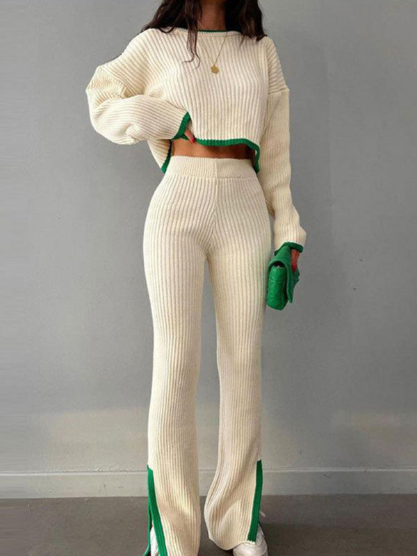 Matching Pants Set- Rib-Knit Outfit Contrast Binding Sweater and Split Ankle Pants- White- Pekosa Women Clothing