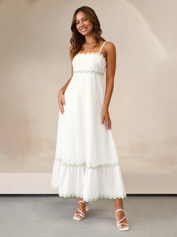 Maxi Dress- Contrast Trim Sleeveless Cami Empire Maxi Dress for Summer- - Pekosa Women Clothing