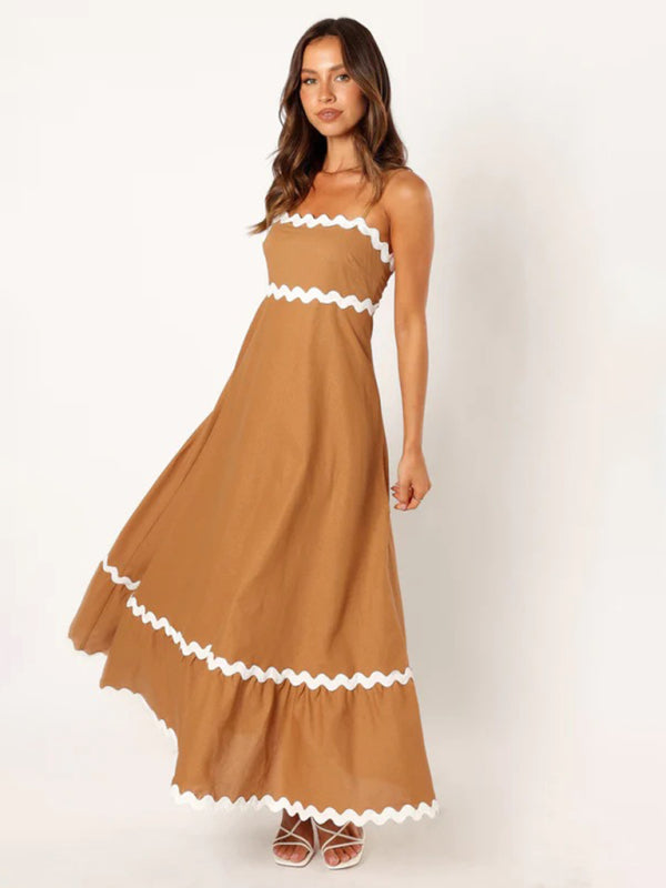 Maxi Dress- Contrast Trim Sleeveless Cami Empire Maxi Dress for Summer- - Pekosa Women Clothing