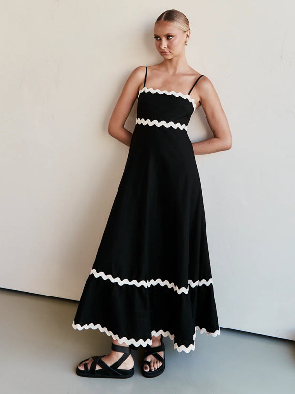 Maxi Dress- Contrast Trim Sleeveless Cami Empire Maxi Dress for Summer- Black- Pekosa Women Clothing