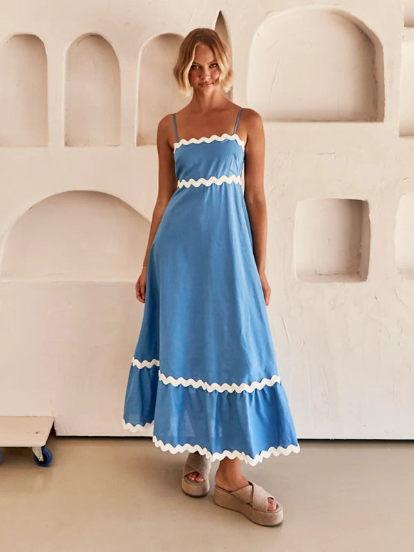 Maxi Dress- Contrast Trim Sleeveless Cami Empire Maxi Dress for Summer- Acid blue- Pekosa Women Clothing