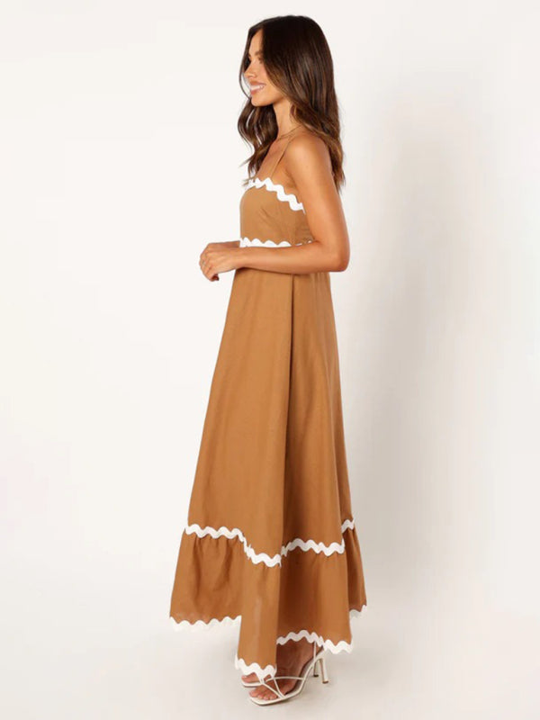 Maxi Dress- Contrast Trim Sleeveless Cami Empire Maxi Dress for Summer- - Pekosa Women Clothing