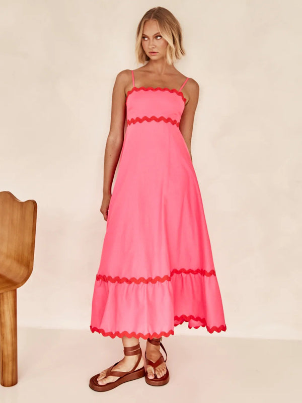 Maxi Dress- Contrast Trim Sleeveless Cami Empire Maxi Dress for Summer- - Pekosa Women Clothing