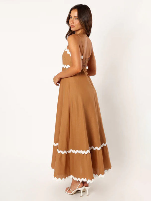 Maxi Dress- Contrast Trim Sleeveless Cami Empire Maxi Dress for Summer- - Pekosa Women Clothing