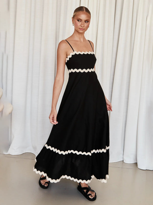 Maxi Dress- Contrast Trim Sleeveless Cami Empire Maxi Dress for Summer- - Pekosa Women Clothing