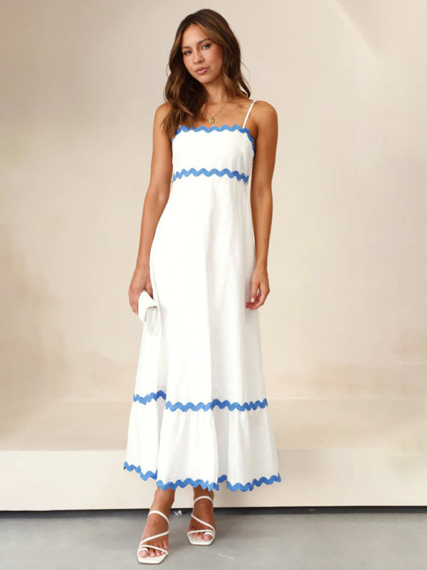 Maxi Dress- Contrast Trim Sleeveless Cami Empire Maxi Dress for Summer- - Pekosa Women Clothing