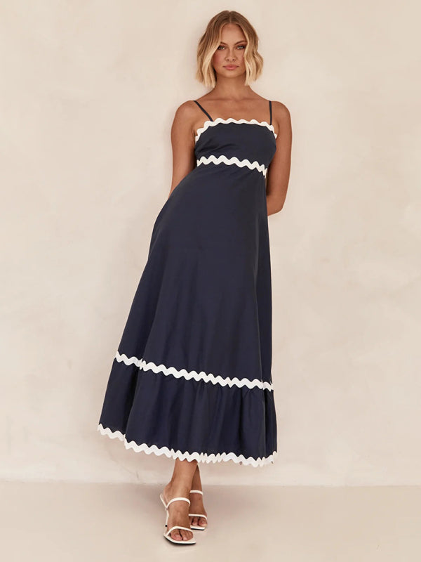 Maxi Dress- Contrast Trim Sleeveless Cami Empire Maxi Dress for Summer- - Pekosa Women Clothing