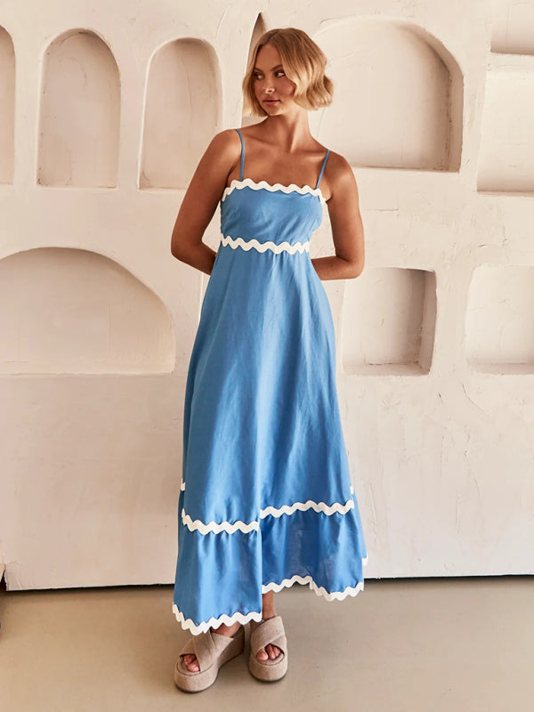 Maxi Dress- Contrast Trim Sleeveless Cami Empire Maxi Dress for Summer- - Pekosa Women Clothing