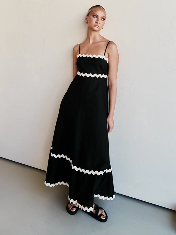 Maxi Dress- Contrast Trim Sleeveless Cami Empire Maxi Dress for Summer- - Pekosa Women Clothing