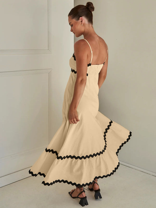 Maxi Dress- Contrast Trim Sleeveless Cami Empire Maxi Dress for Summer- - Pekosa Women Clothing