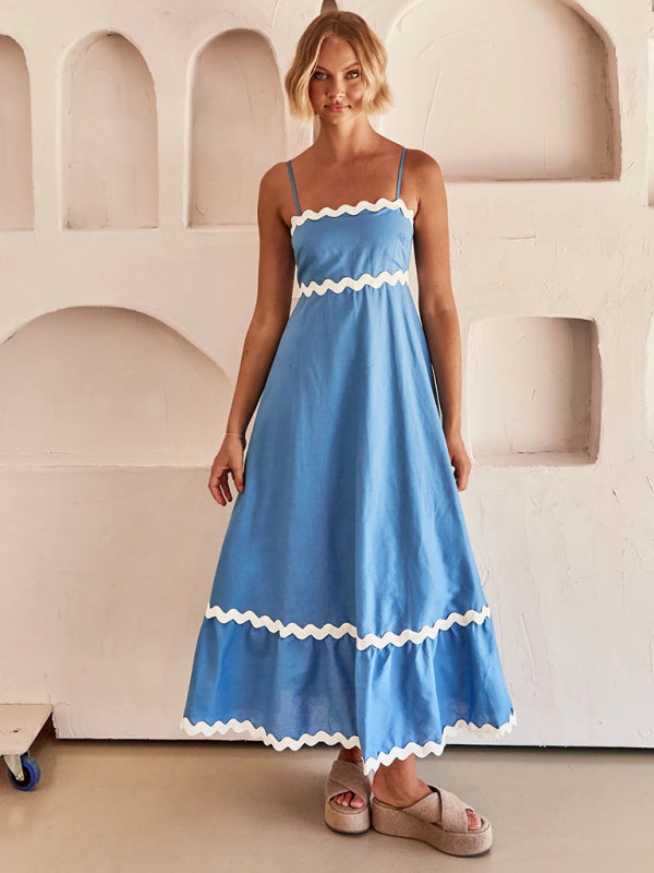 Maxi Dress- Contrast Trim Sleeveless Cami Empire Maxi Dress for Summer- - Pekosa Women Clothing