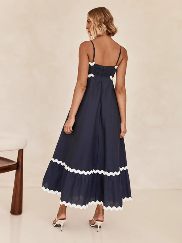 Maxi Dress- Contrast Trim Sleeveless Cami Empire Maxi Dress for Summer- - Pekosa Women Clothing