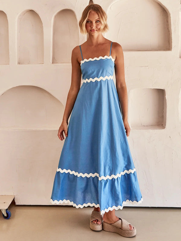 Maxi Dress- Contrast Trim Sleeveless Cami Empire Maxi Dress for Summer- - Pekosa Women Clothing