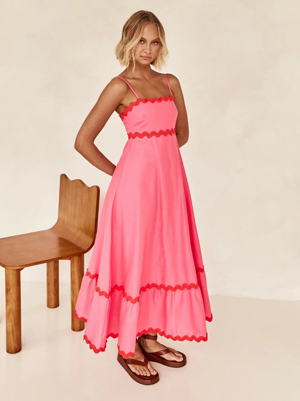 Maxi Dress- Contrast Trim Sleeveless Cami Empire Maxi Dress for Summer- Pink- Pekosa Women Clothing
