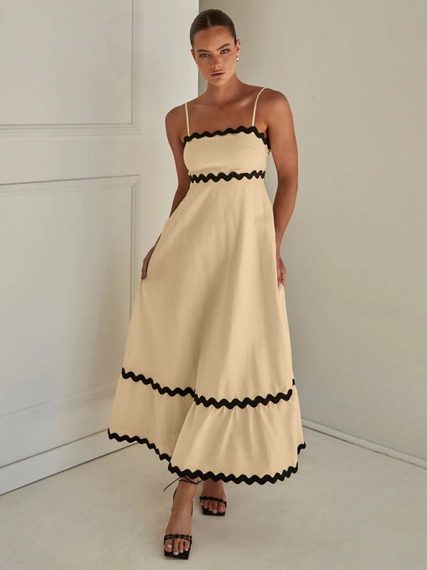 Maxi Dress- Contrast Trim Sleeveless Cami Empire Maxi Dress for Summer- Cracker khaki- Pekosa Women Clothing